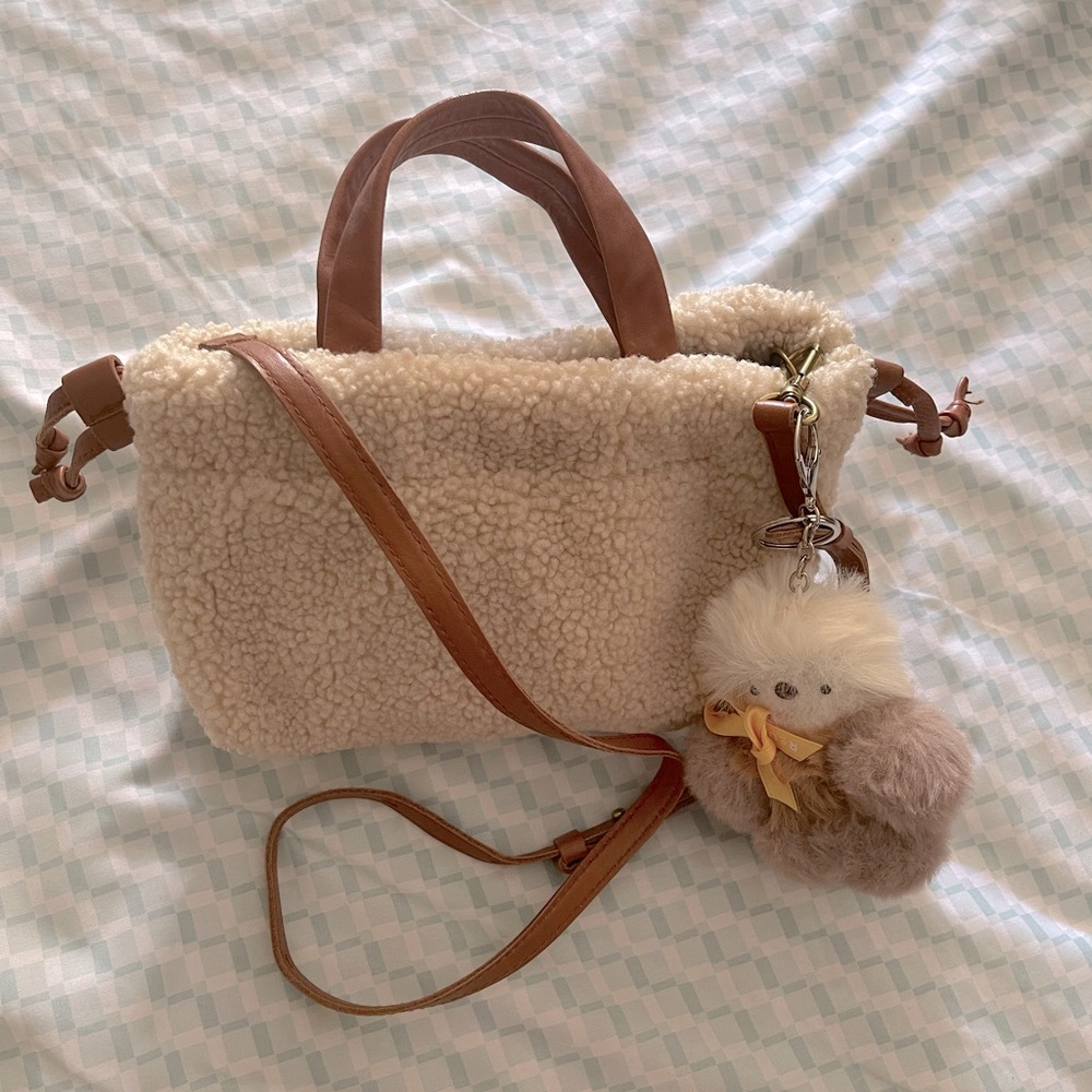 Madewell Cream Sherpa Crossbody with Brown Leather Trim